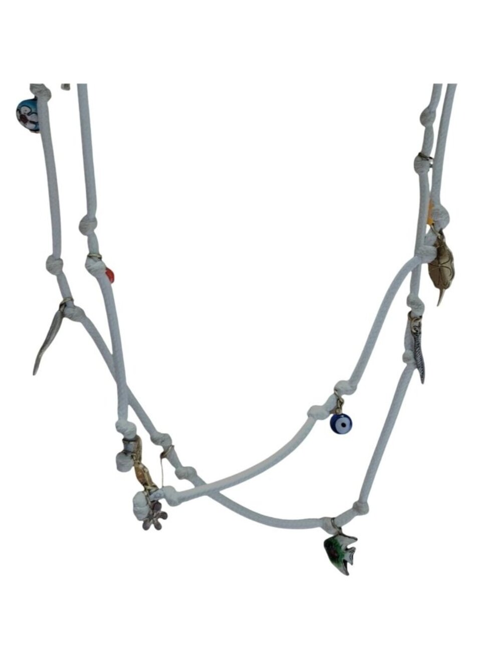 Handmade Charm Necklace White Cord Charms Beads Unique Boho Fashion Jewelry